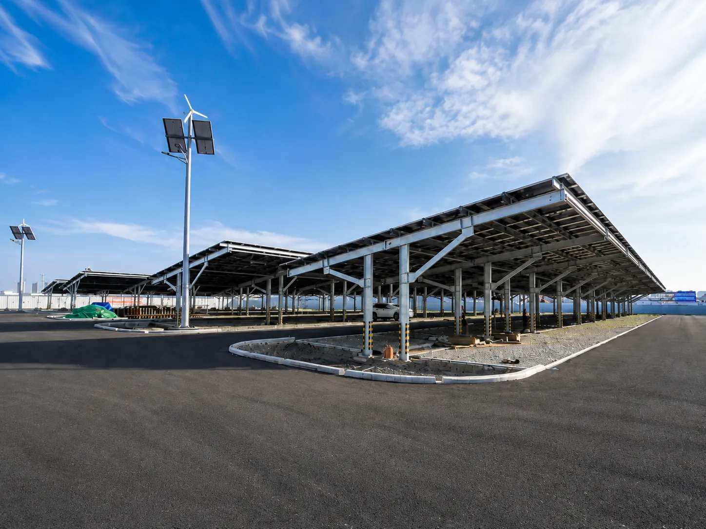 Finished steel solar carport canopy at the BMW plant in Shenyang Dadong
