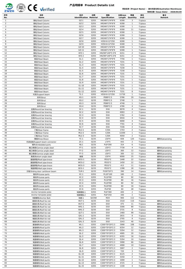 Bilingual packing list for a warehouse shipped to Australia