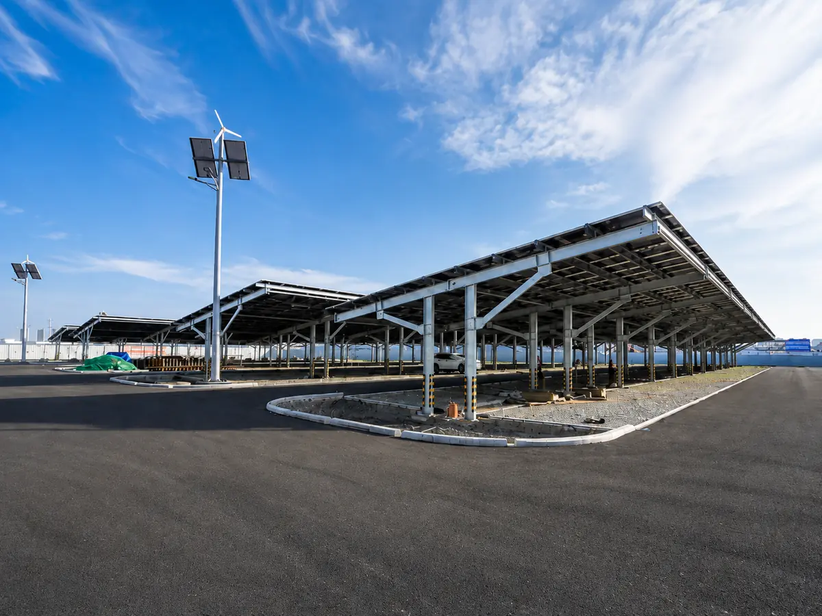 Steel solar carport structure with photovoltaic panels at the BMW plant in Shenyang Dadong