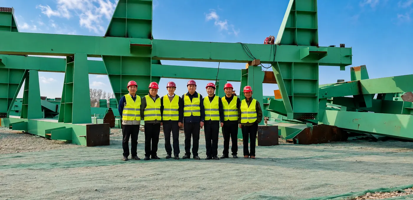 Zhongwei team standing in front of fabricated heavy steel members, showing the scale of the sections