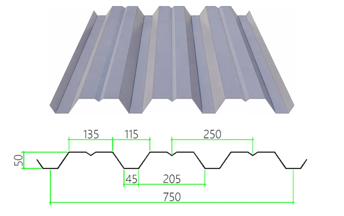 DECK-50-250-750 steel floor decking with dimensioned cross-section