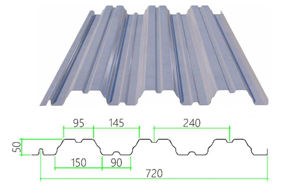 DECK-50-240-720 steel floor decking with dimensioned cross-section