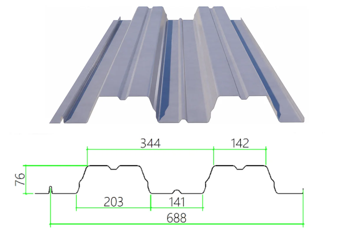 DECK-76-344-688 steel floor decking with dimensioned cross-section