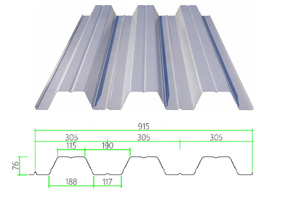 DECK-76-305-915 steel floor decking with dimensioned cross-section