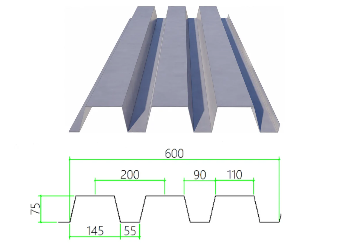 DECK-75-200-600 steel floor decking with dimensioned cross-section
