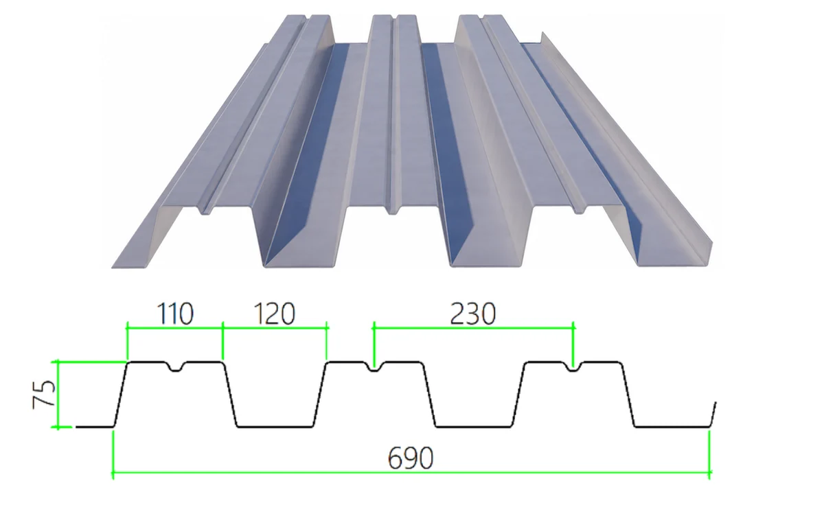 DECK-75-310-690 steel floor decking with dimensioned cross-section