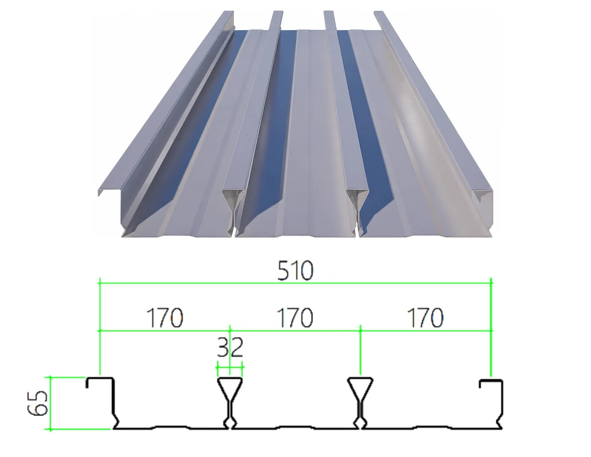 DECK-65-170-510 steel floor decking with dimensioned cross-section