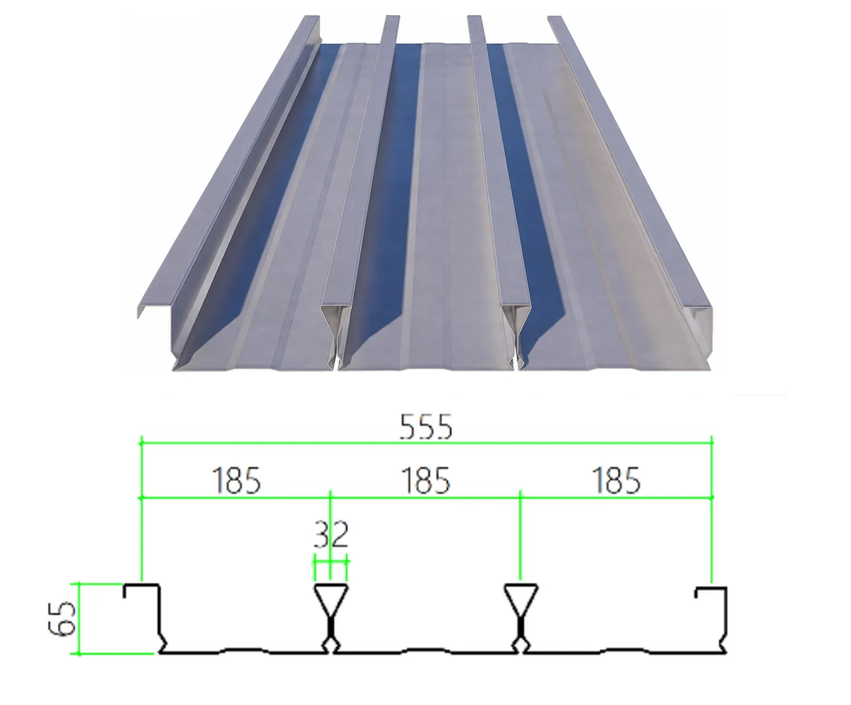 DECK-65-185-555 steel floor decking with dimensioned cross-section