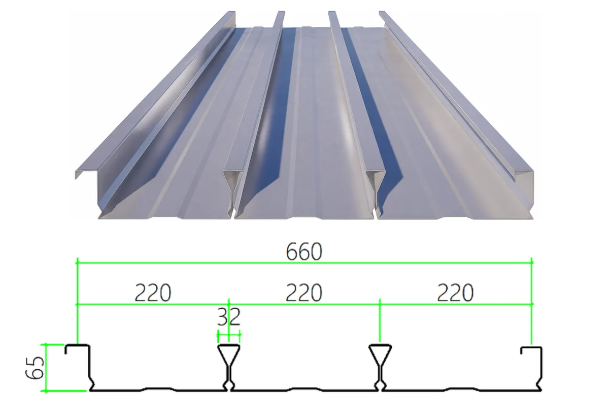 DECK-65-220-660 steel floor decking with dimensioned cross-section