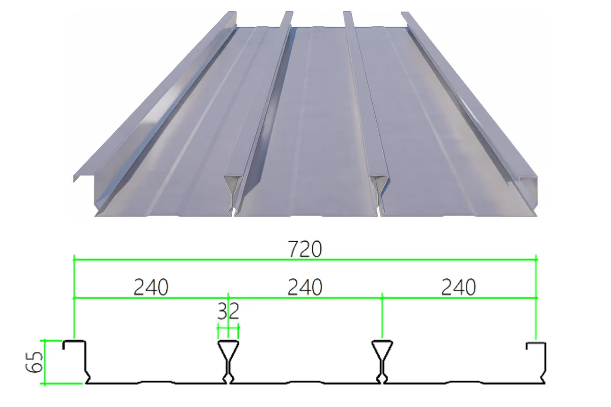 DECK-65-240-720 steel floor decking with dimensioned cross-section