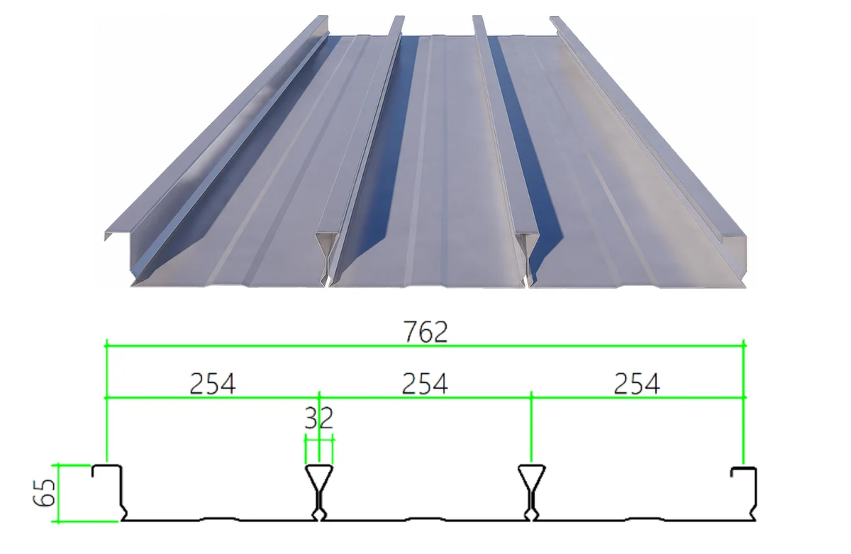 DECK-65-254-762 steel floor decking with dimensioned cross-section