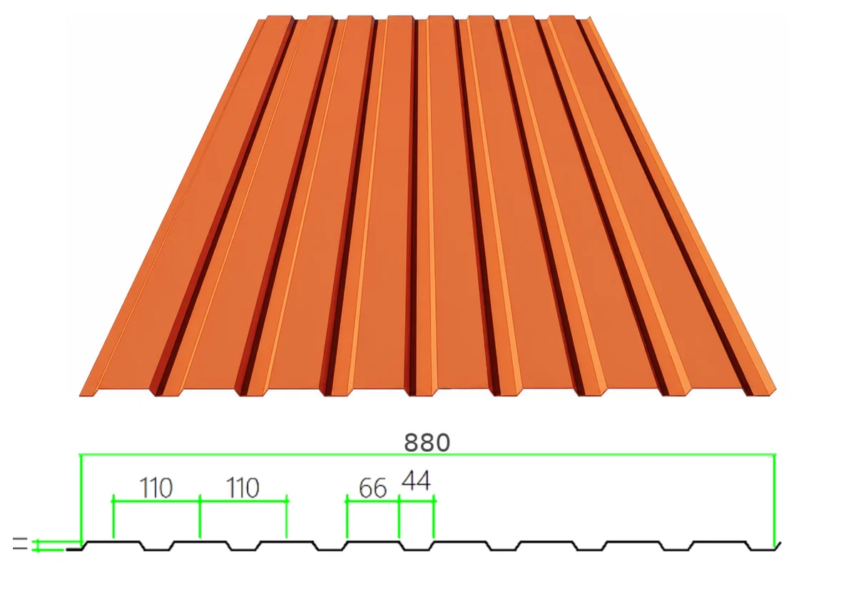 PS-11-110-880 profiled steel sheet with dimensioned cross-section