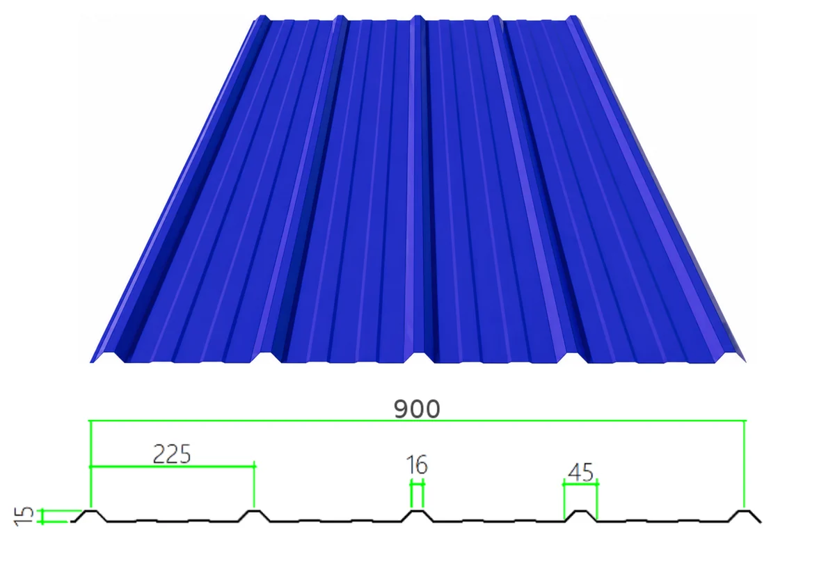PS-15-225-900 profiled steel sheet with dimensioned cross-section