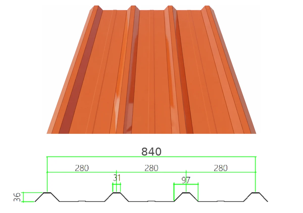 PS-36-280-840 profiled steel sheet with dimensioned cross-section