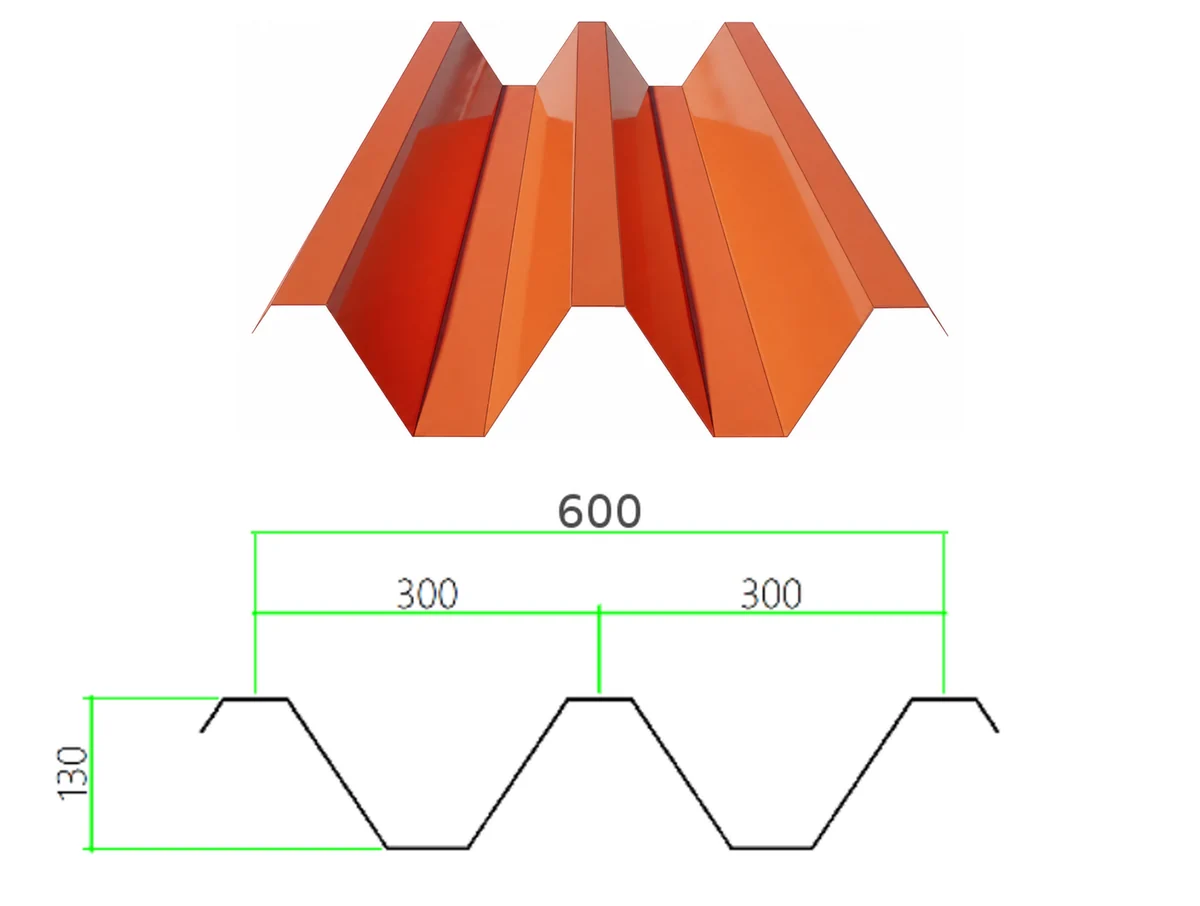DECK-130-300-600 profiled steel sheet with dimensioned cross-section