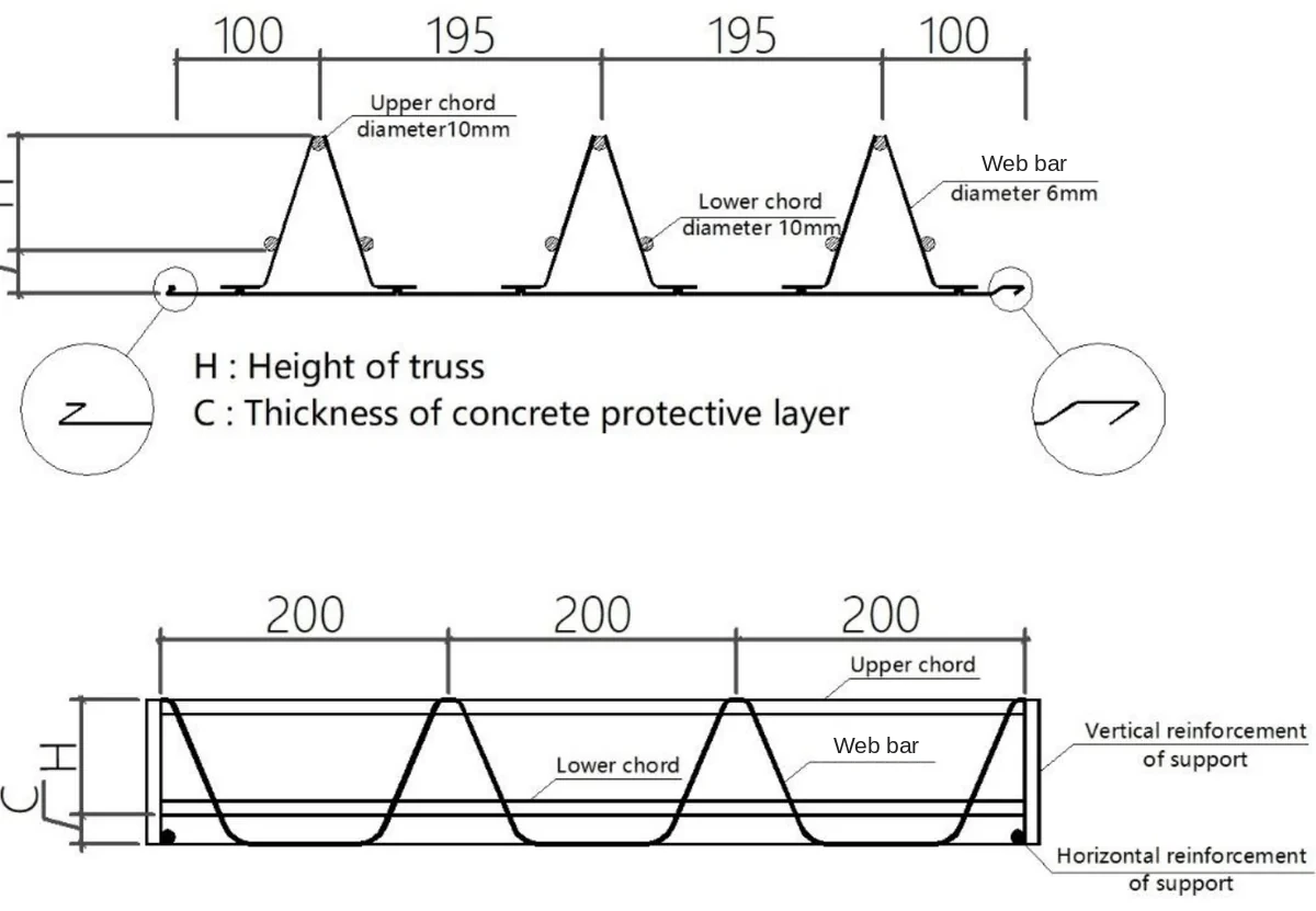 Dimensioned cross-section of the steel bar truss deck showing chord bars, web bars and support reinforcement
