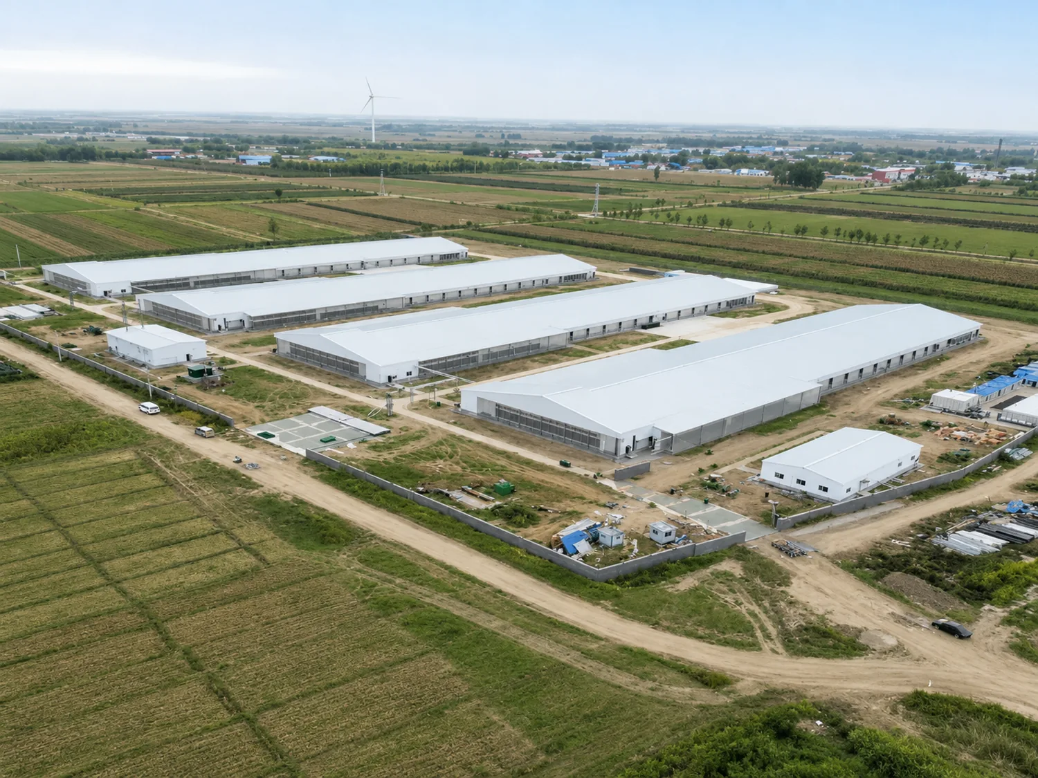 Aerial view of tunnel-ventilated broiler houses fabricated by Zhongwei for the Charoen Pokphand Hengshui poultry project