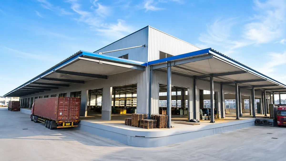Loading docks of the Huaxing Logistics Park steel warehouses in Shijiazhuang
