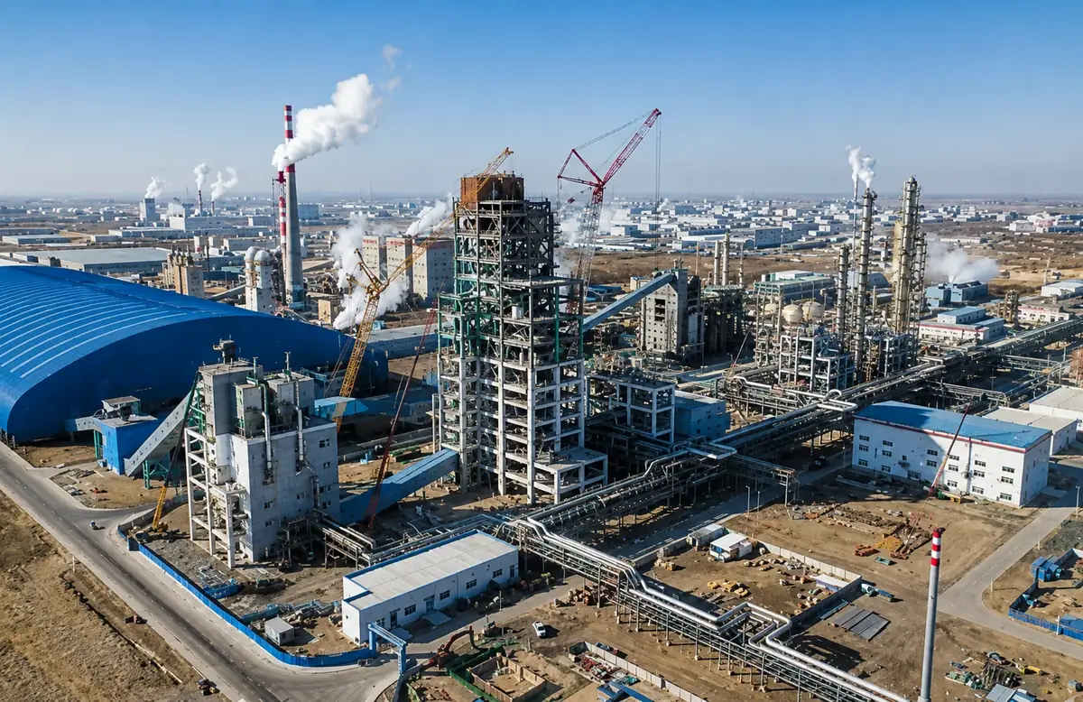 Box-section steel equipment framing at the Meihua gasification plant in Tongliao