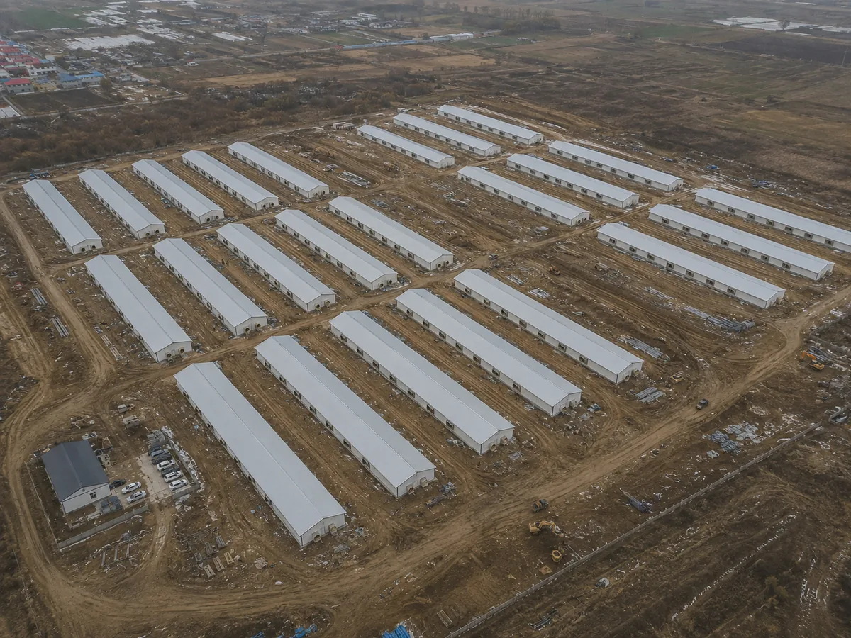 Aerial view of the Yongli Livestock broiler breeder farm in Shenyang, rows of portal frame poultry houses