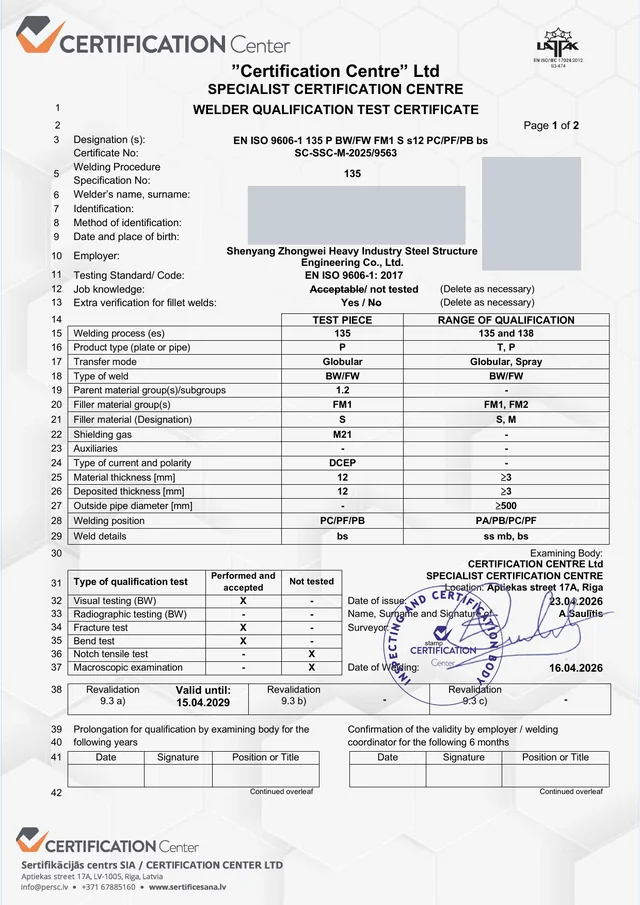 EN ISO 9606-1 welder qualification certificate, personal details covered