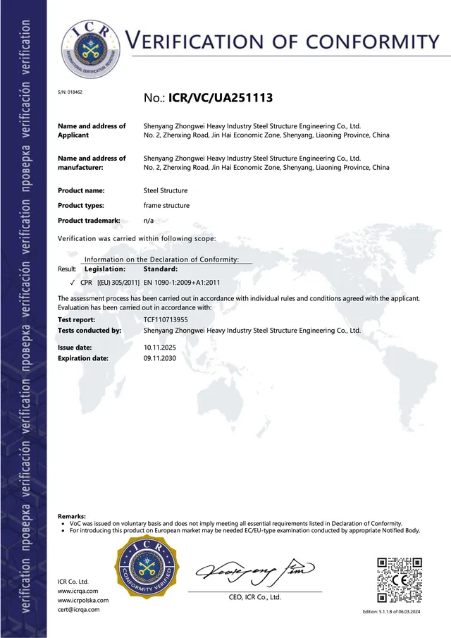 CE EN 1090-1 verification of conformity issued by ICR