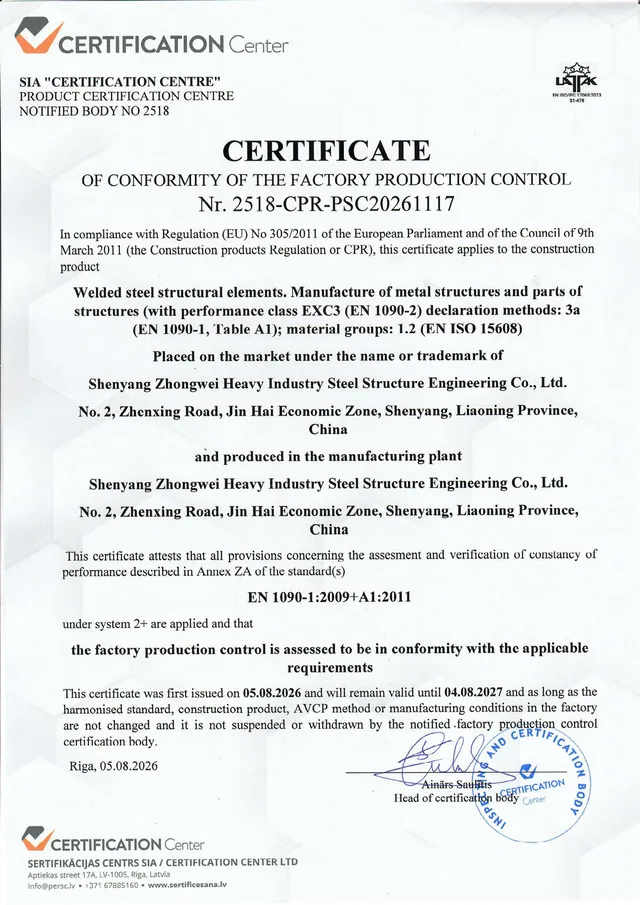 EN 1090-1 factory production control certificate, Notified Body 2518, EXC3