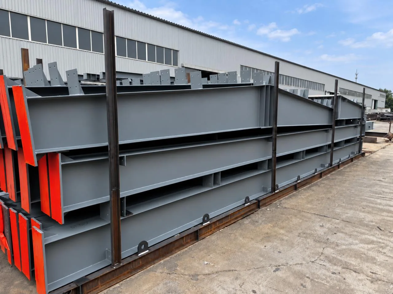 Primed steel members stacked on steel skids in the Zhongwei yard in Shenyang, waiting to ship to Oman