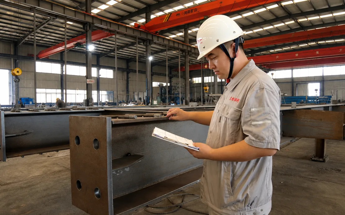 Inspector checking a steel member against the drawing