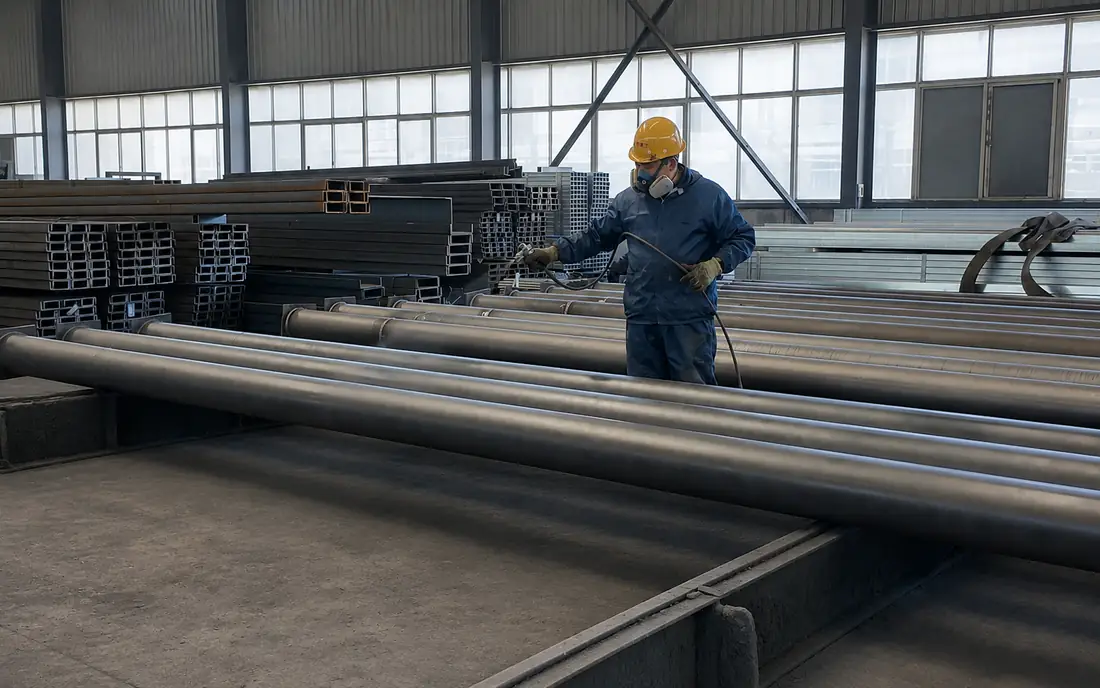 Shot blasting and spray coating of steel structure